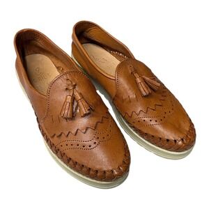 SOLS Tan Leather Huarache Tassel Loafers Soft Woven Boho Cottagecore Slip On 8